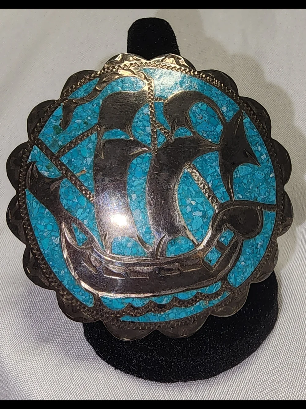 Turquoise Inlay Ship Pin/Pendant, Signed, Vintage